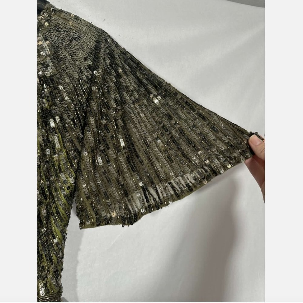 NEW $698 Mac Duggal [ 4 ] Short Sleeve Ombre Sequined‎ Evening Gown Olive #Q548 - Picture 8 of 16